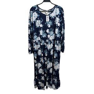 LuLaRoe Plus Size 3XL Evelyn Smocked Waist Maxi Dress Navy Blue Floral Rose NWT